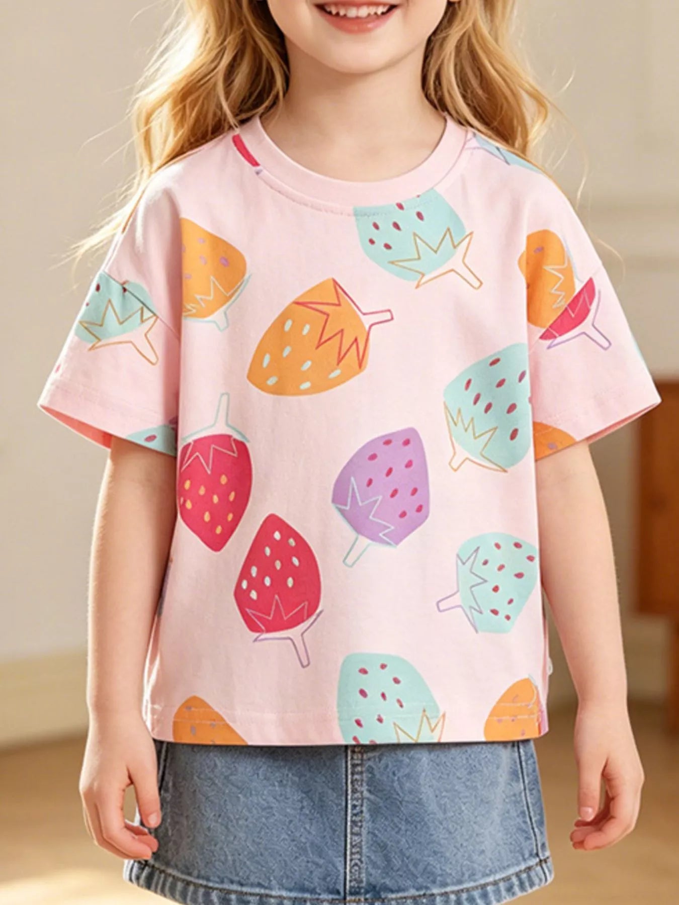 Pink children's short sleeve tee with colorful strawberry print in red, purple and mint, worn front view