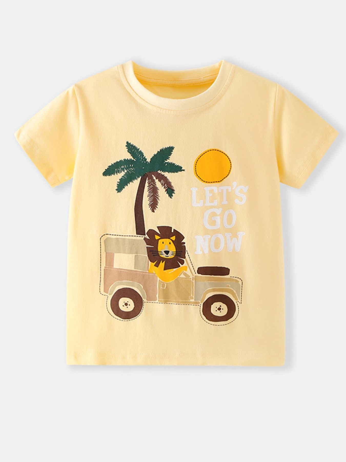 Pastel yellow children's short sleeve T-shirt with lion, palm tree and sun graphics, laid flat in front view