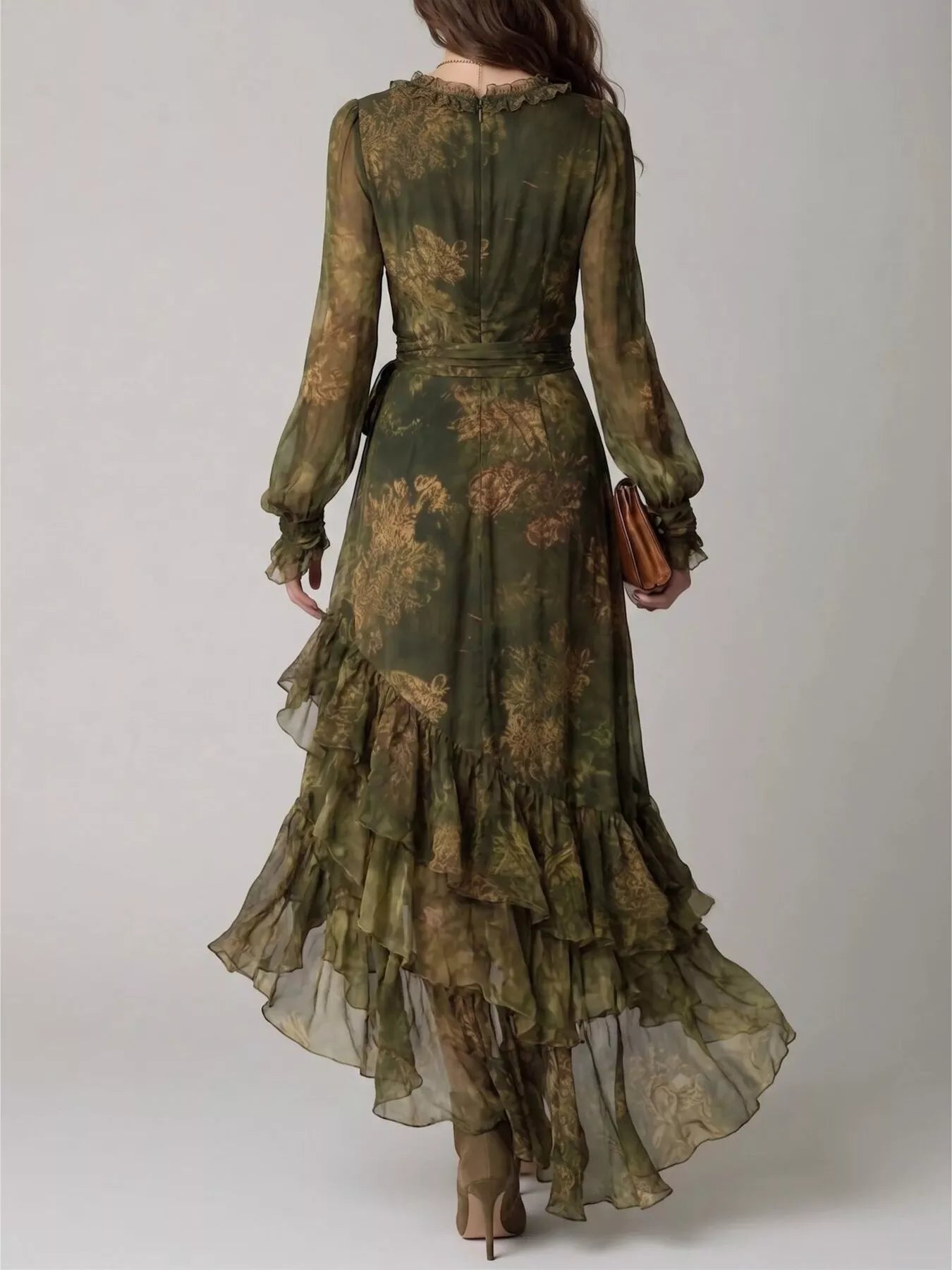 Back view of army green floral wrap maxi dress showing zip closure and ruffled neckline