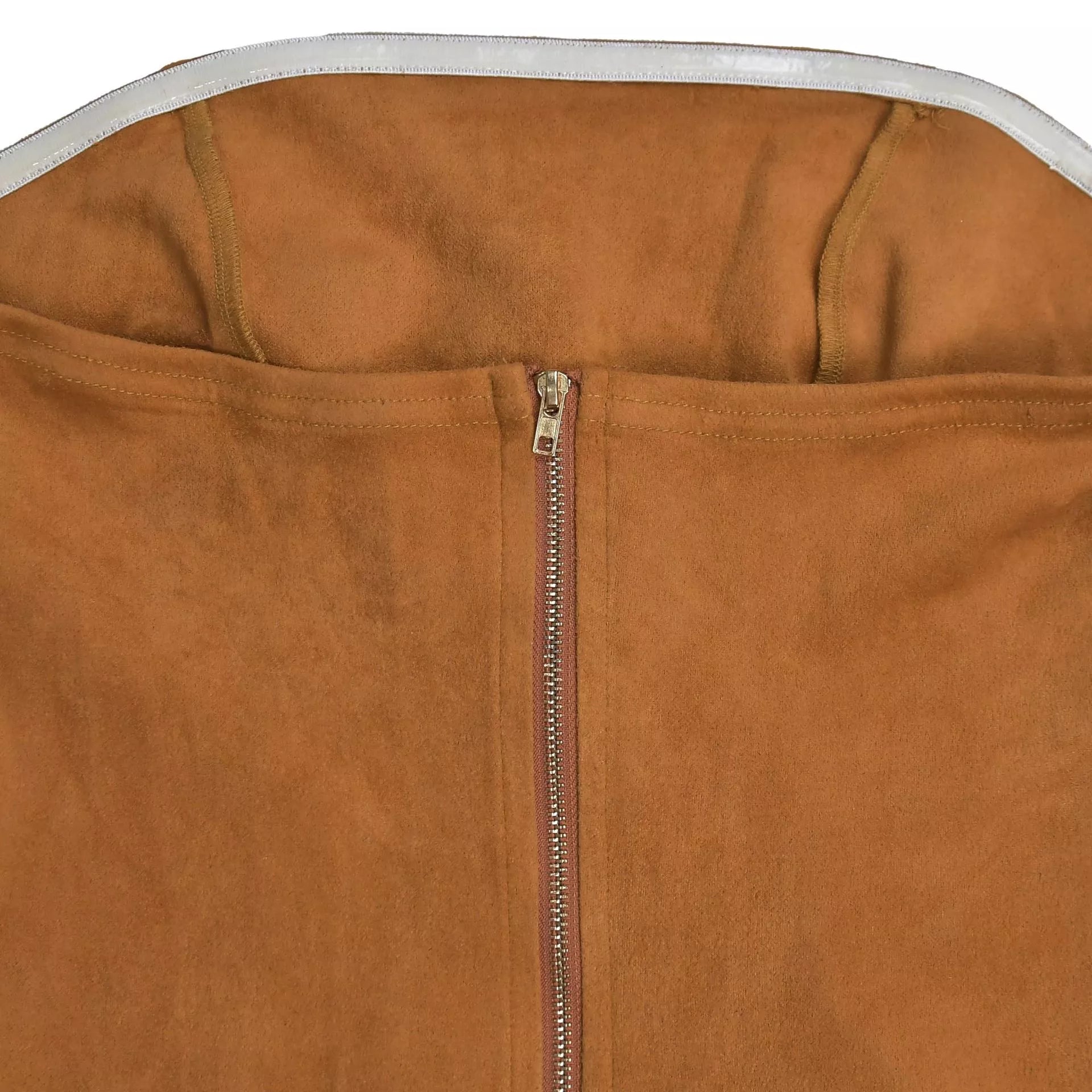 Caramel strapless bodycon dress back close up showing zipper and lined bodice interior