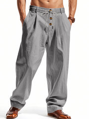 Men's grey loose-fit pants with a drawstring waist and pockets.