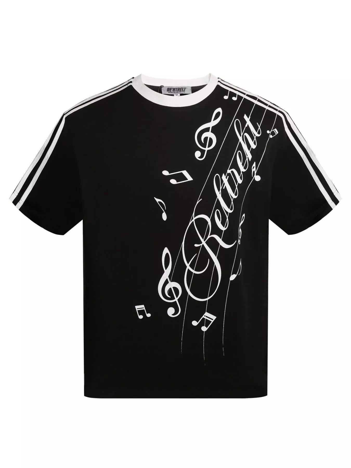 Men's T-shirt featuring contrast stripes and a music-inspired print.
