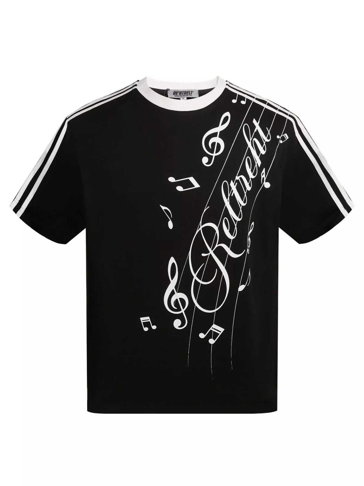 Men's T-shirt featuring contrast stripes and a music-inspired print.