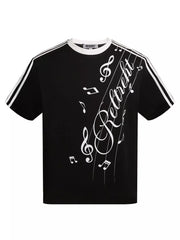 Men's T-shirt featuring contrast stripes and a music-inspired print.
