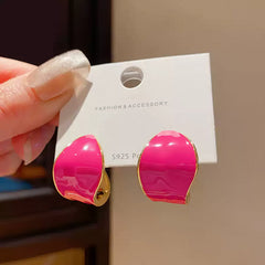 Adorable Small Hot Pink Enamel Hollowed Hoop Earrings