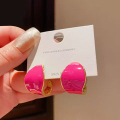 Adorable Small Hot Pink Enamel Hollowed Hoop Earrings