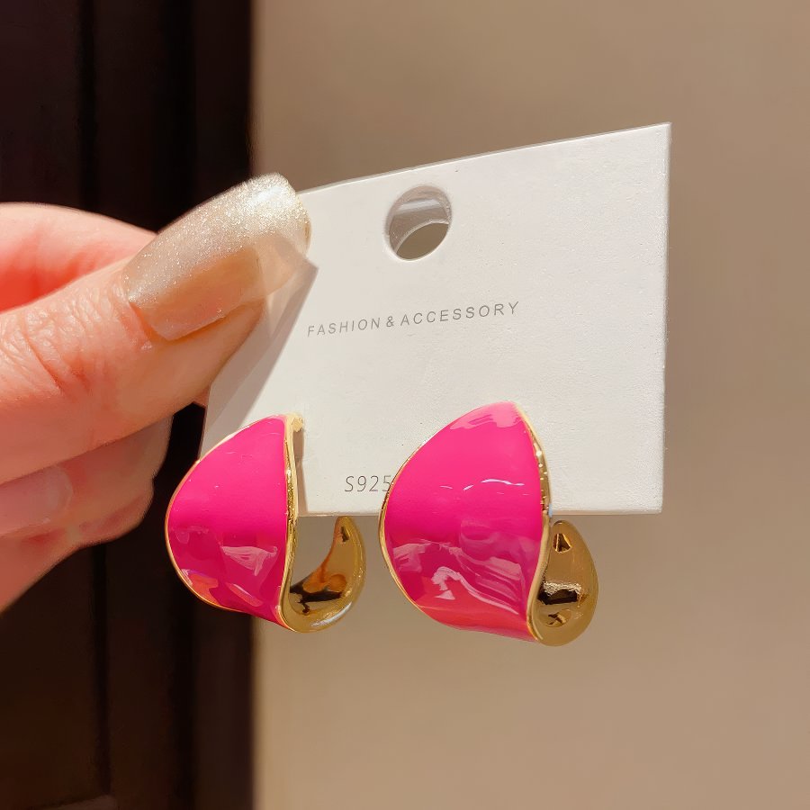 Adorable Small Hot Pink Enamel Hollowed Hoop Earrings