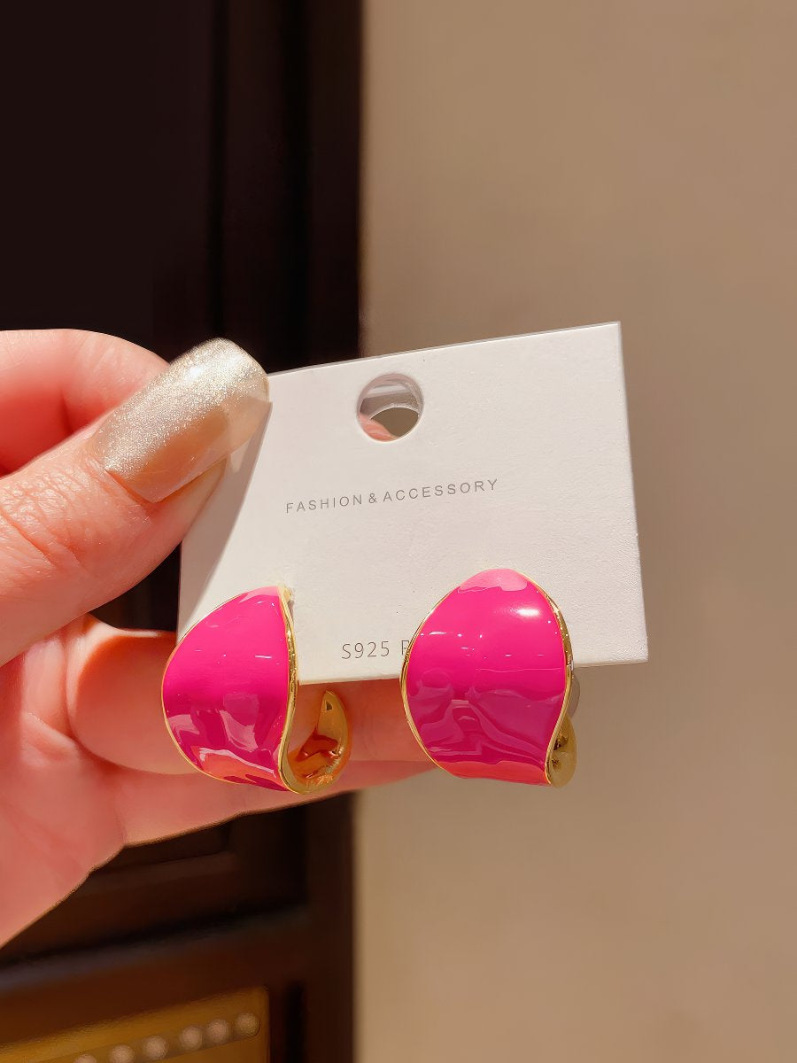 Adorable Small Hot Pink Enamel Hollowed Hoop Earrings