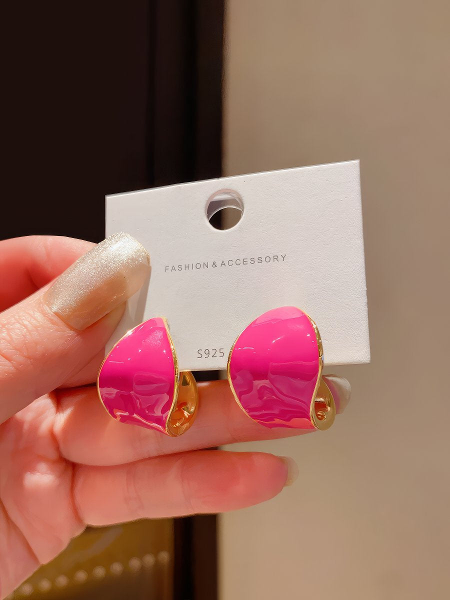 Adorable Small Hot Pink Enamel Hollowed Hoop Earrings