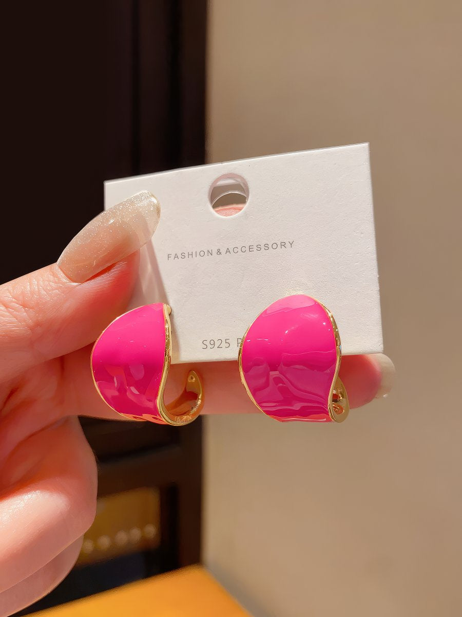 Adorable Small Hot Pink Enamel Hollowed Hoop Earrings