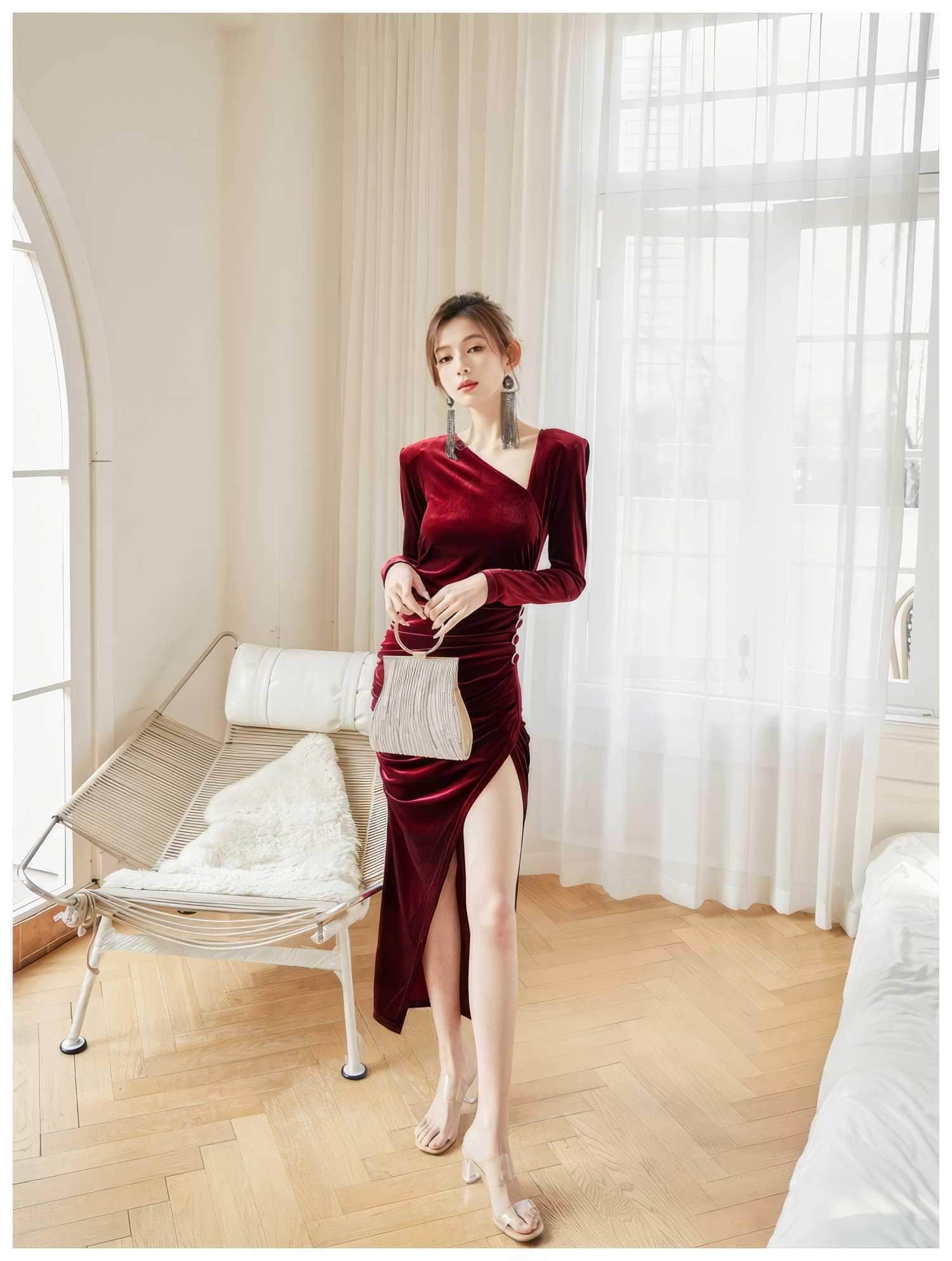 Asymmetrical Neck Ruched High Split Velvet Dress