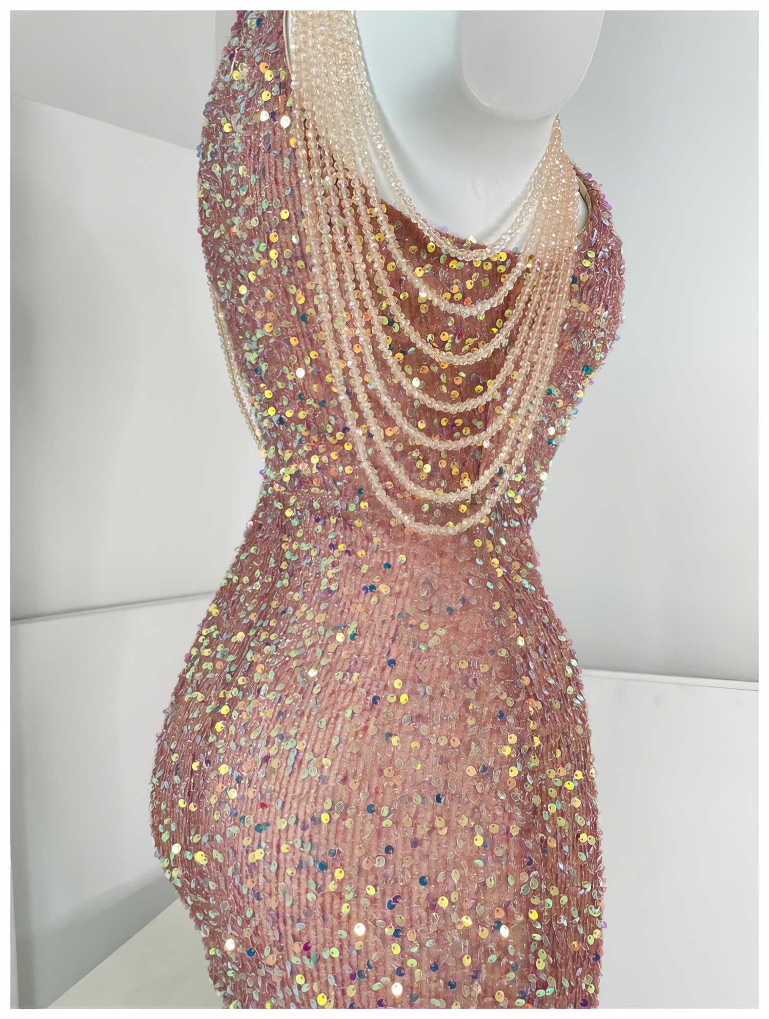 Bead Adorned Halter Bodycon Sequin Dress