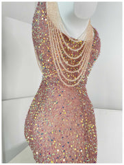 Bead Adorned Halter Bodycon Sequin Dress
