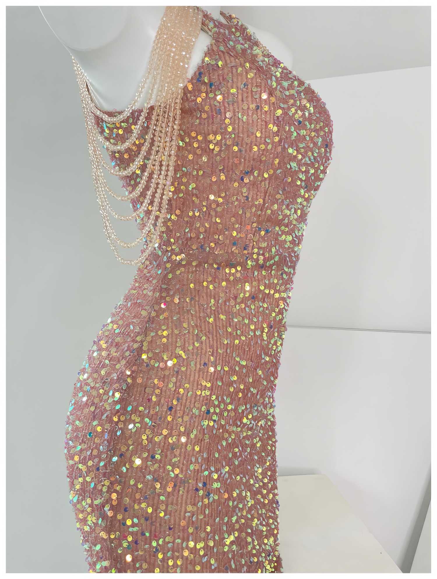 Bead Adorned Halter Bodycon Sequin Dress