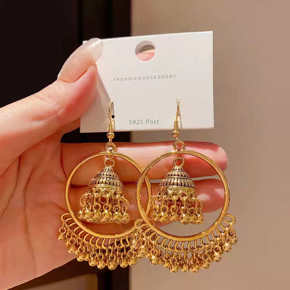 Beautiful Ethnic Gold Tone Jhumka Earrings with Delicate Engraving
