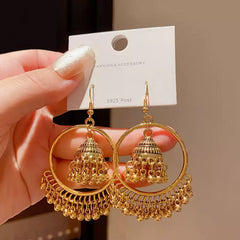 Beautiful Ethnic Gold Tone Jhumka Earrings with Delicate Engraving