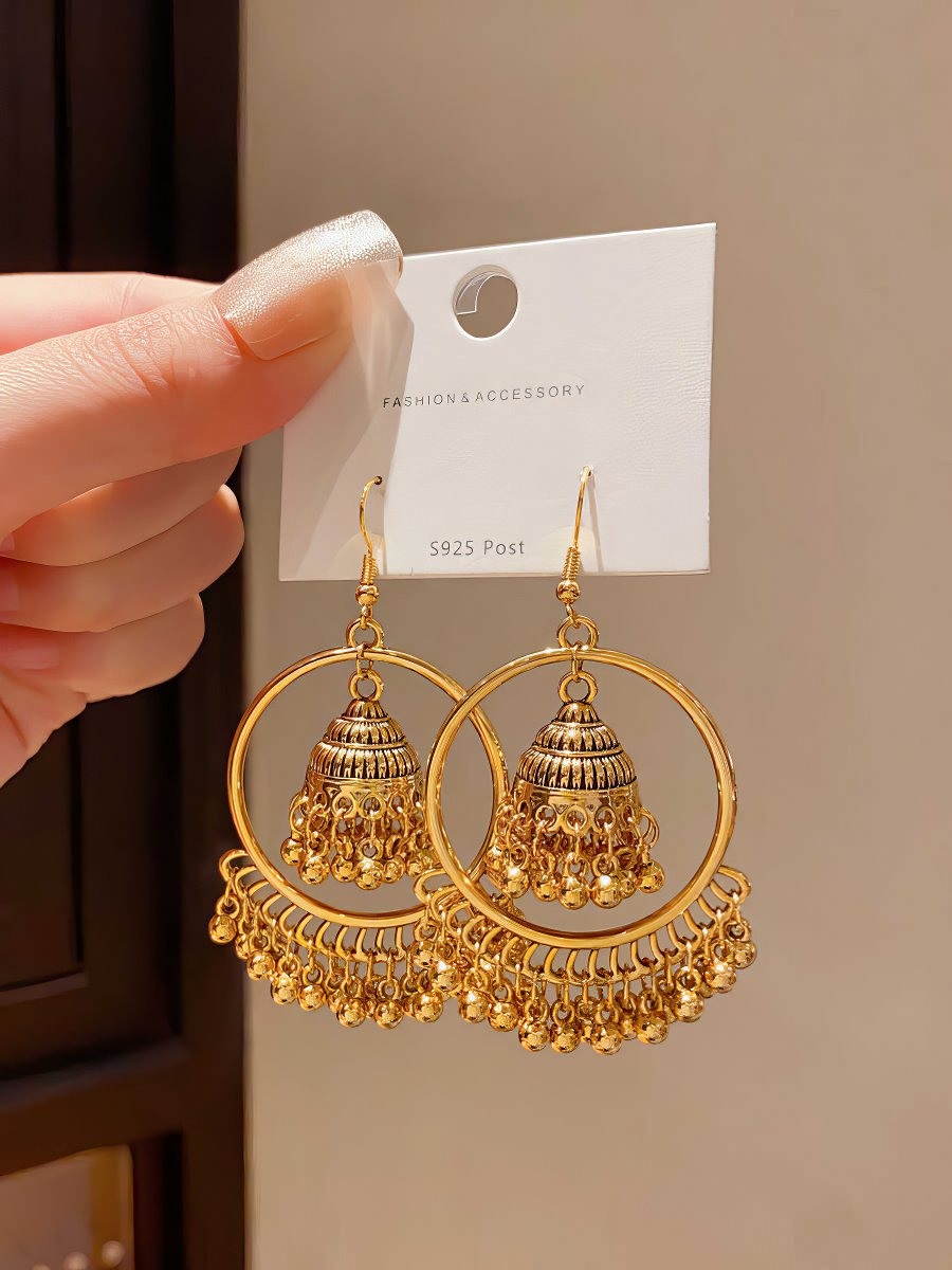 Beautiful Ethnic Gold Tone Jhumka Earrings with Delicate Engraving