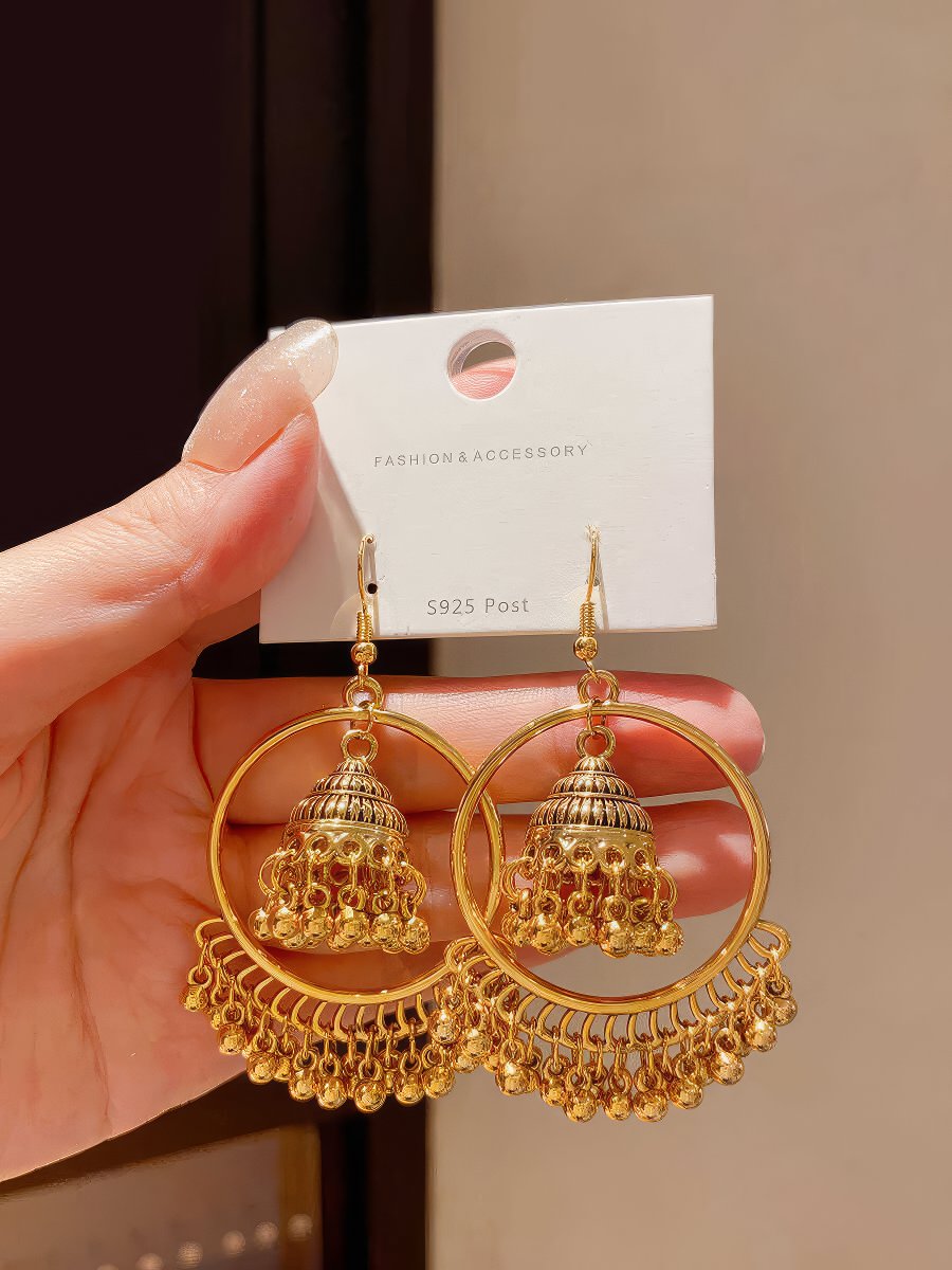 Beautiful Ethnic Gold Tone Jhumka Earrings with Delicate Engraving