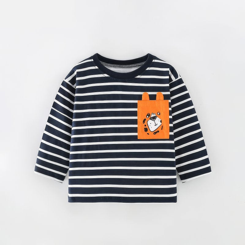 Bebe Hanna Toddler Boy's Long-Sleeve T-Shirt with Leopard Face Pocket and Stripes