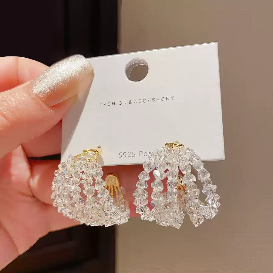 Bold Chunky Hoop Earrings with All-Over Clear Crystal Beaded Design