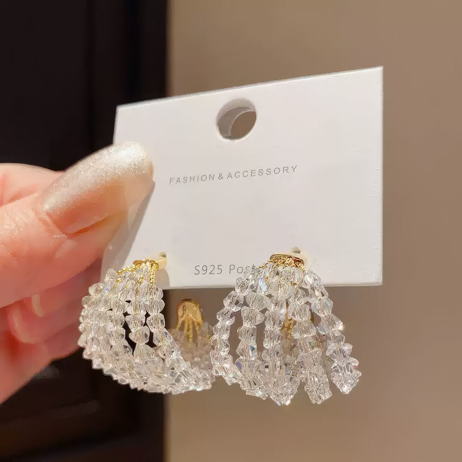 Bold Chunky Hoop Earrings with All-Over Clear Crystal Beaded Design