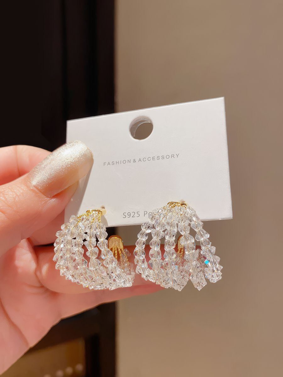 Bold Chunky Hoop Earrings with All-Over Clear Crystal Beaded Design