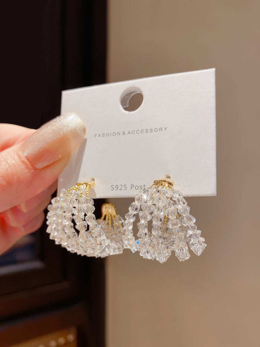 Bold Chunky Hoop Earrings with All-Over Clear Crystal Beaded Design