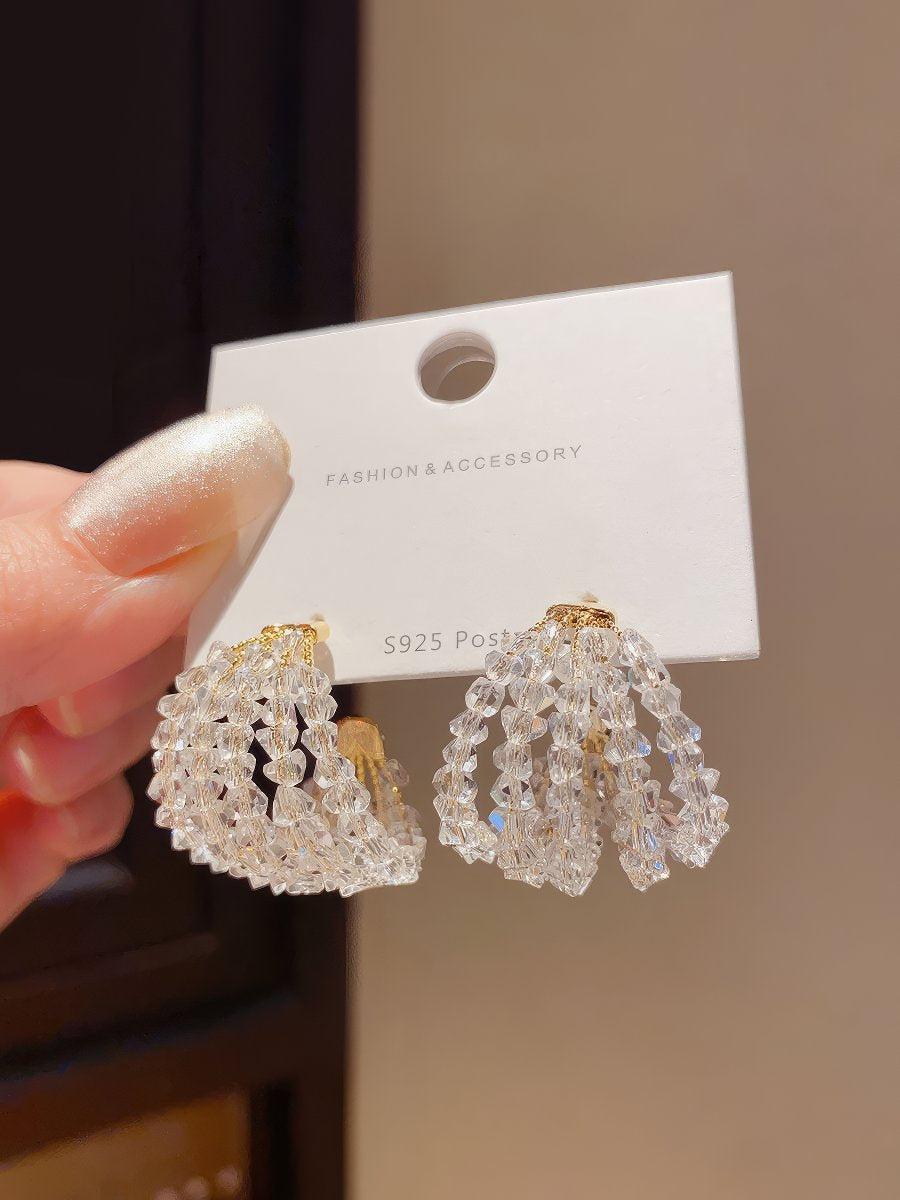 Bold Chunky Hoop Earrings with All-Over Clear Crystal Beaded Design
