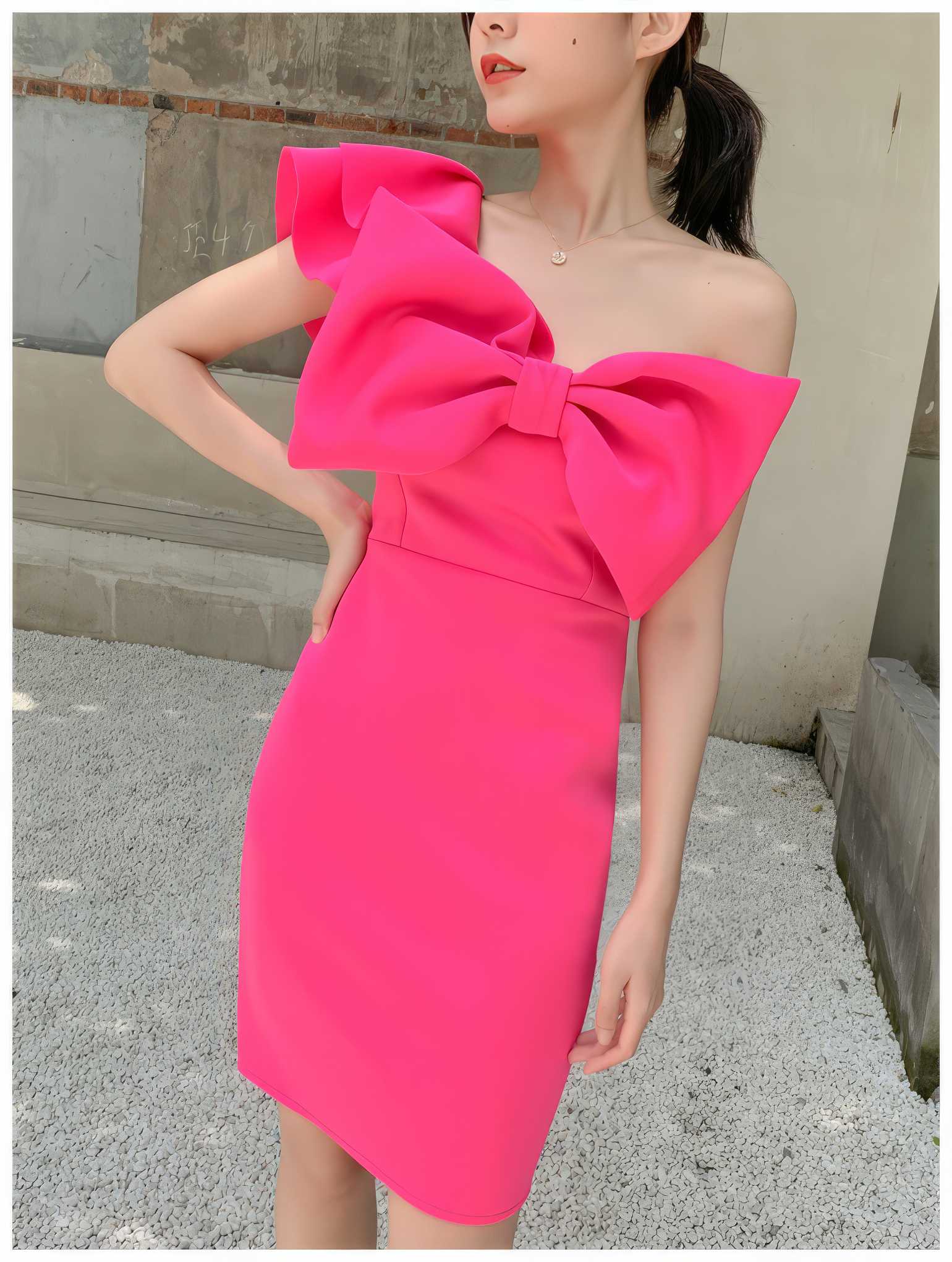 Bow Adorned One Shoulder Frill Mini Dress