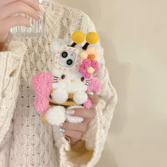 Charming Plush Bee-Themed Phone Case with Flowers