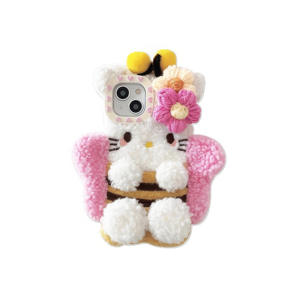 Charming Plush Bee-Themed Phone Case with Flowers