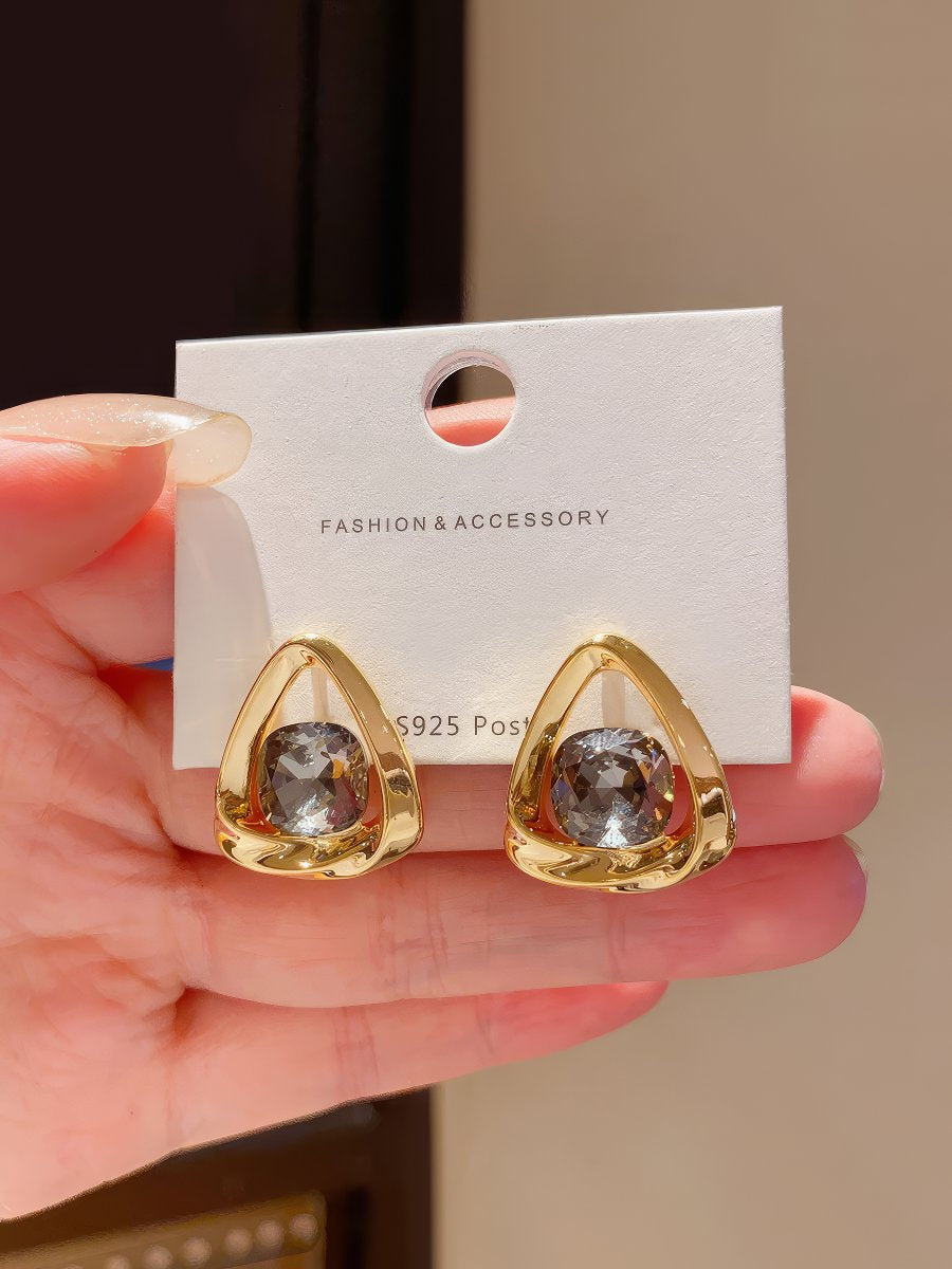 Chic Gold Tone Drop Earrings with Geometric Blue Smooth Accent