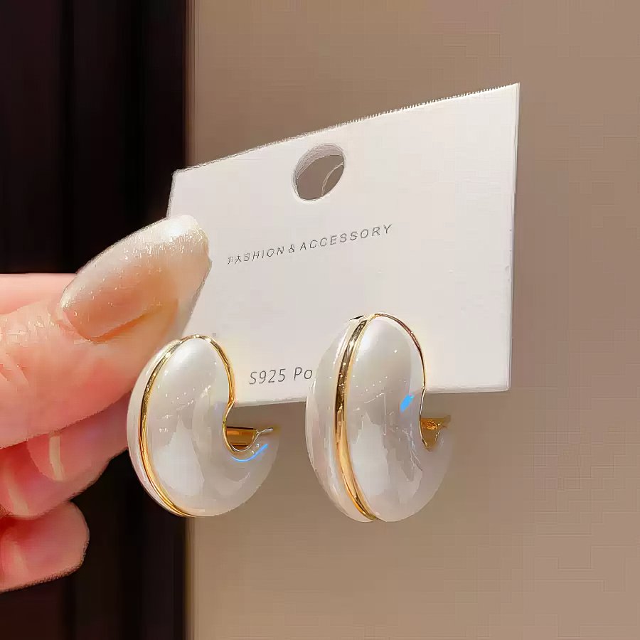 Chic Small White Enamel Hoop Earrings with Delicate Gold Tone Edging