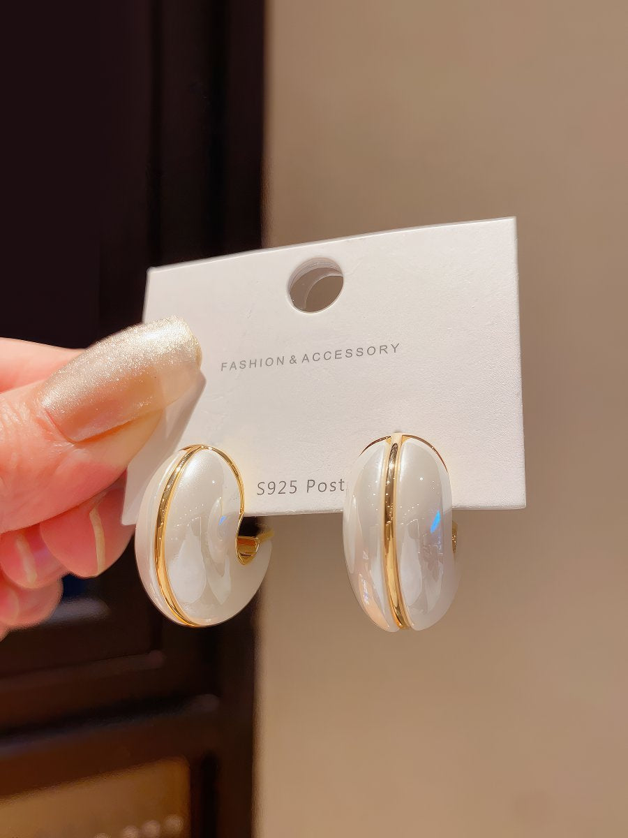 Chic Small White Enamel Hoop Earrings with Delicate Gold Tone Edging