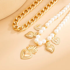 Cuban Chain and Sacred Heart Faux Pearl Anklet Set