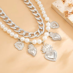 Cuban Chain and Sacred Heart Faux Pearl Anklet Set