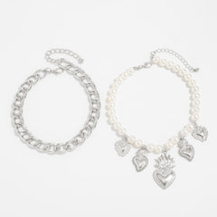 Cuban Chain and Sacred Heart Faux Pearl Anklet Set