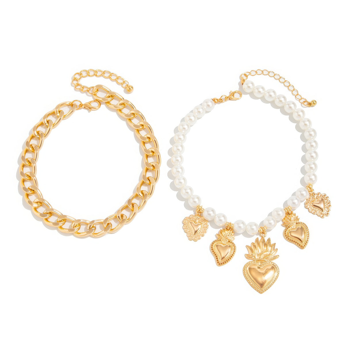 Cuban Chain and Sacred Heart Faux Pearl Anklet Set