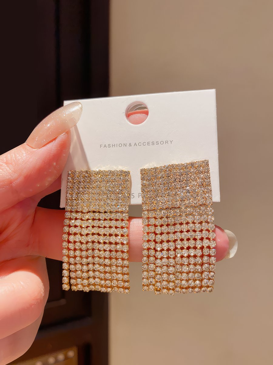 Elegant Gold Tone Rectangular Drop Earrings with Pave Cubic Zirconia Top