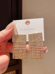 Elegant Gold Tone Rectangular Drop Earrings with Pave Cubic Zirconia Top