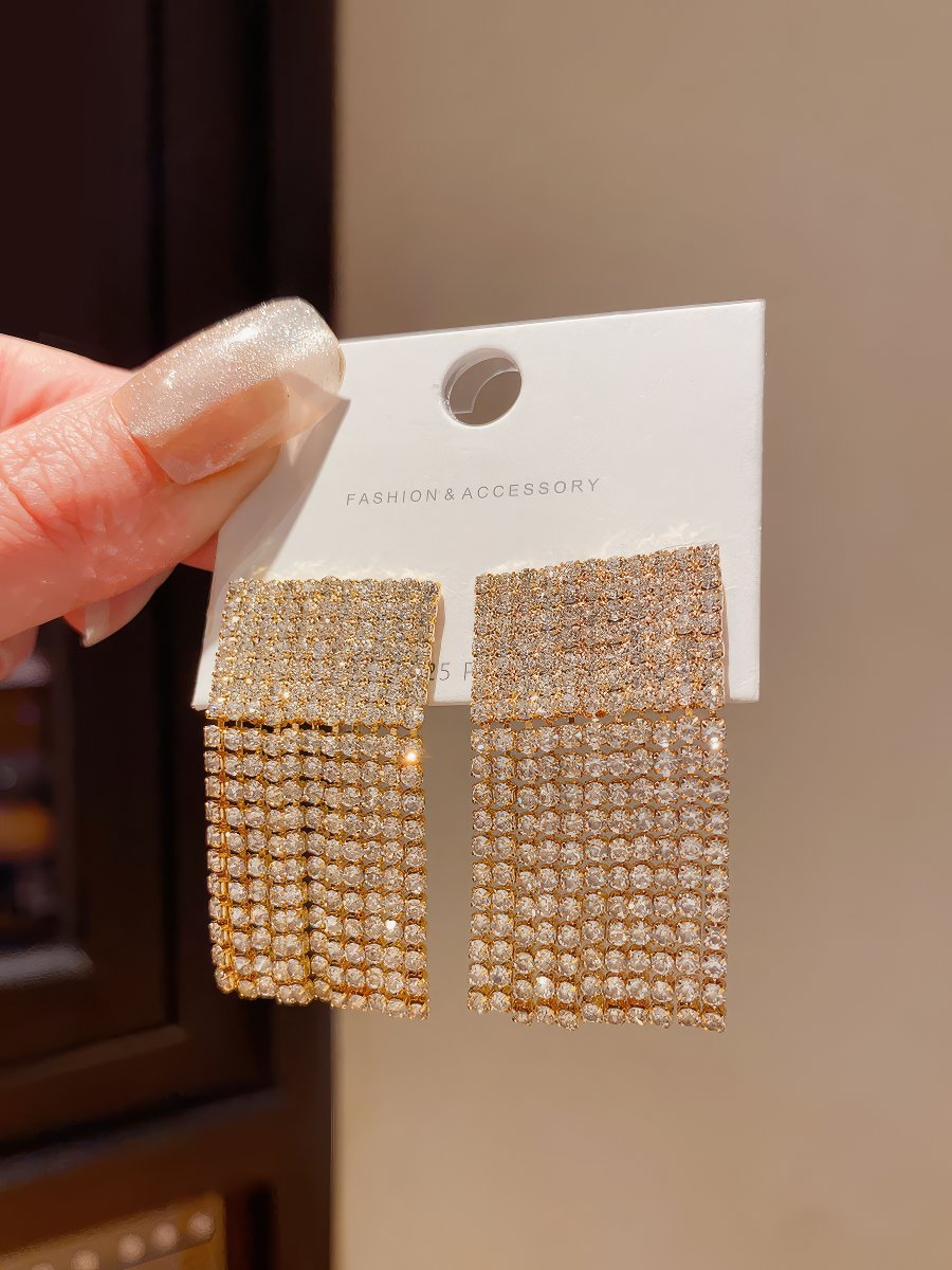 Elegant Gold Tone Rectangular Drop Earrings with Pave Cubic Zirconia Top