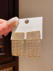 Elegant Gold Tone Rectangular Drop Earrings with Pave Cubic Zirconia Top