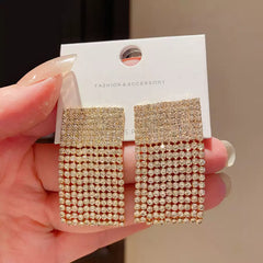 Elegant Gold Tone Rectangular Drop Earrings with Pave Cubic Zirconia Top