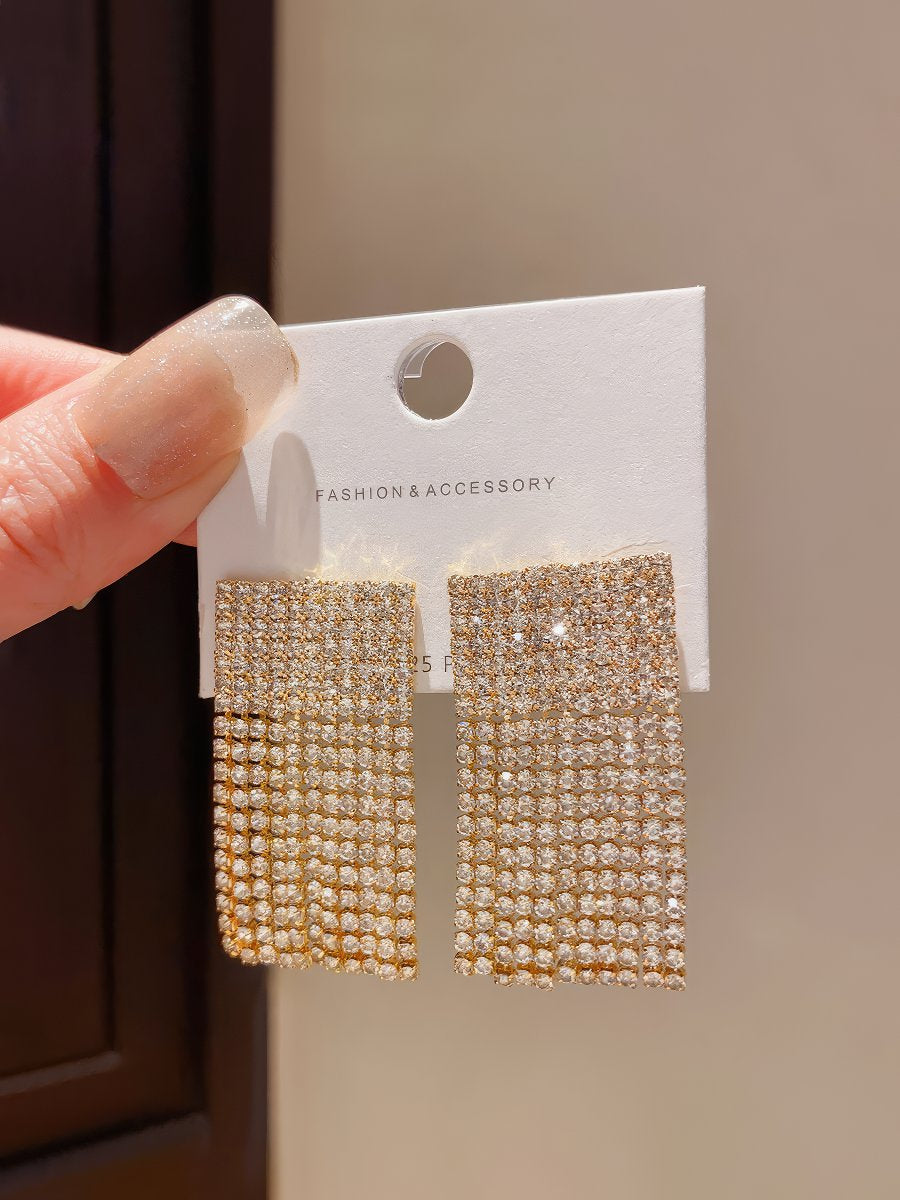 Elegant Gold Tone Rectangular Drop Earrings with Pave Cubic Zirconia Top