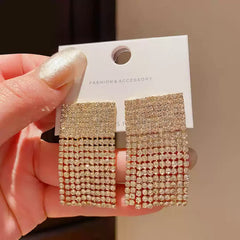 Elegant Gold Tone Rectangular Drop Earrings with Pave Cubic Zirconia Top