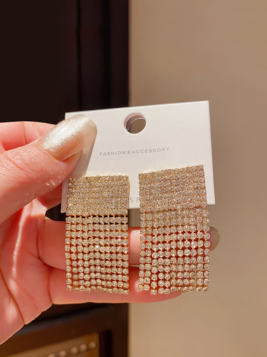 Elegant Gold Tone Rectangular Drop Earrings with Pave Cubic Zirconia Top