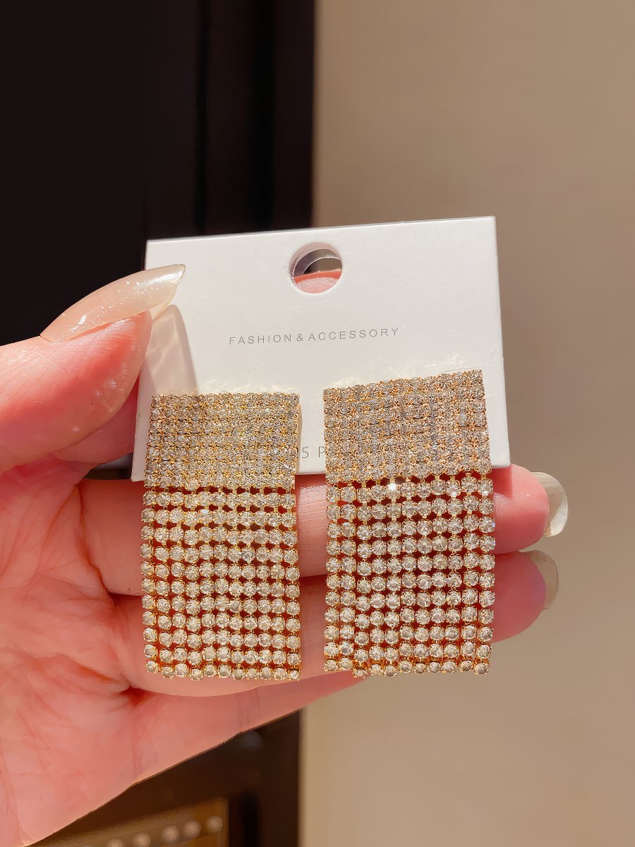 Elegant Gold Tone Rectangular Drop Earrings with Pave Cubic Zirconia Top