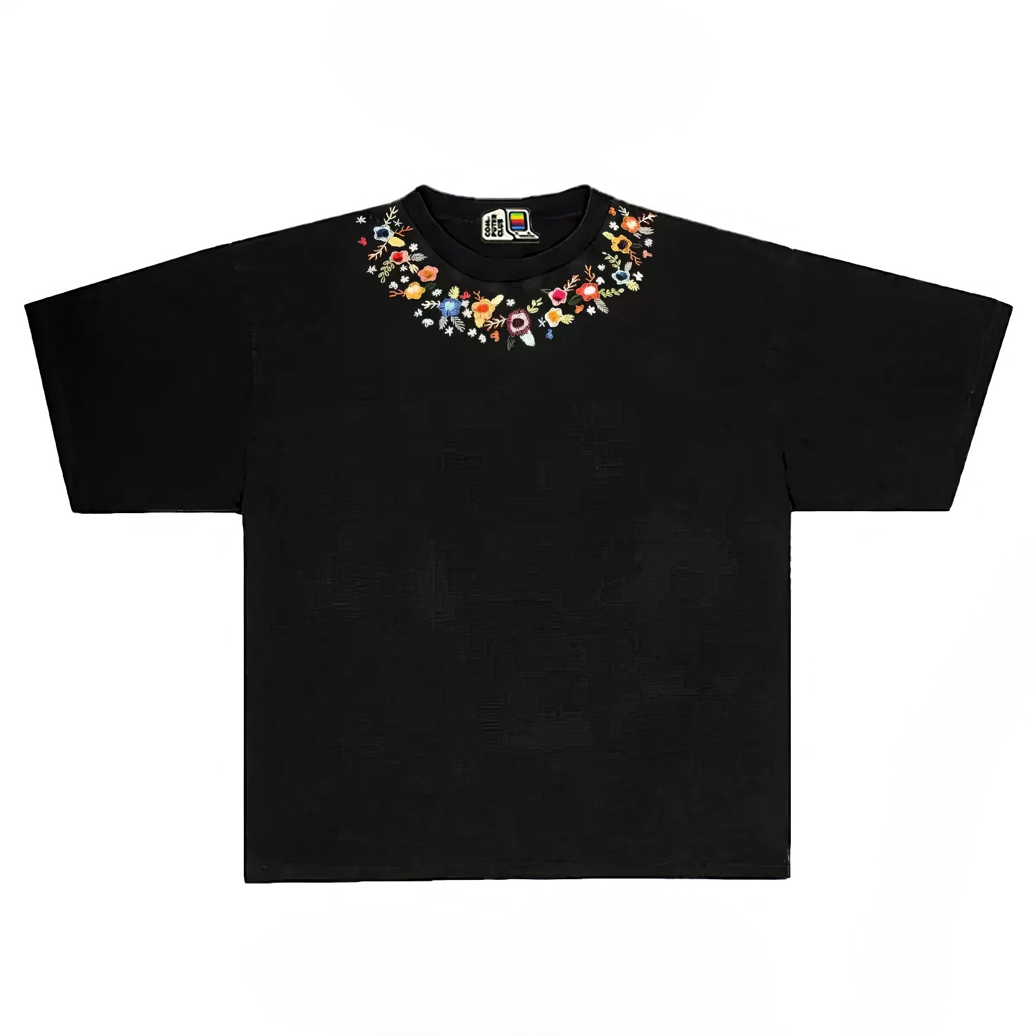 Elegant T-shirt with Embroidered Floral Neckline