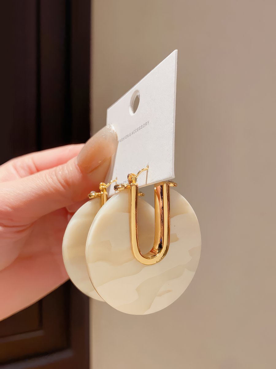 Gold Tone U-Hook Earrings with Shimmering Iridescent Round Disc
