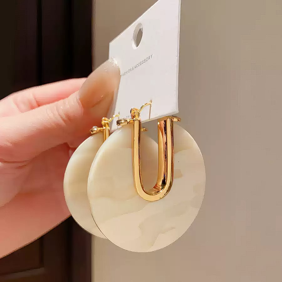 Gold Tone U-Hook Earrings with Shimmering Iridescent Round Disc
